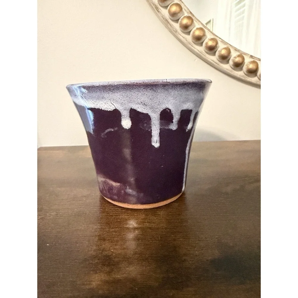 Studio Pottery Apple Baker Purple Drip Glaze Signed on Bottom Stoneware 5
